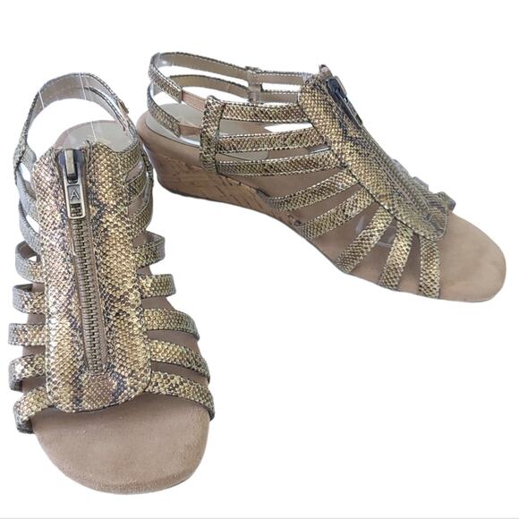 Aerosole A2 Caged Wedge Sandals Size 6.5 Snakeskin Print Beige Gold Comfort Shoe - Picture 1 of 8